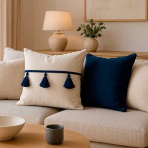 Cojín Decorativo Beige con Borlas Azul Marino